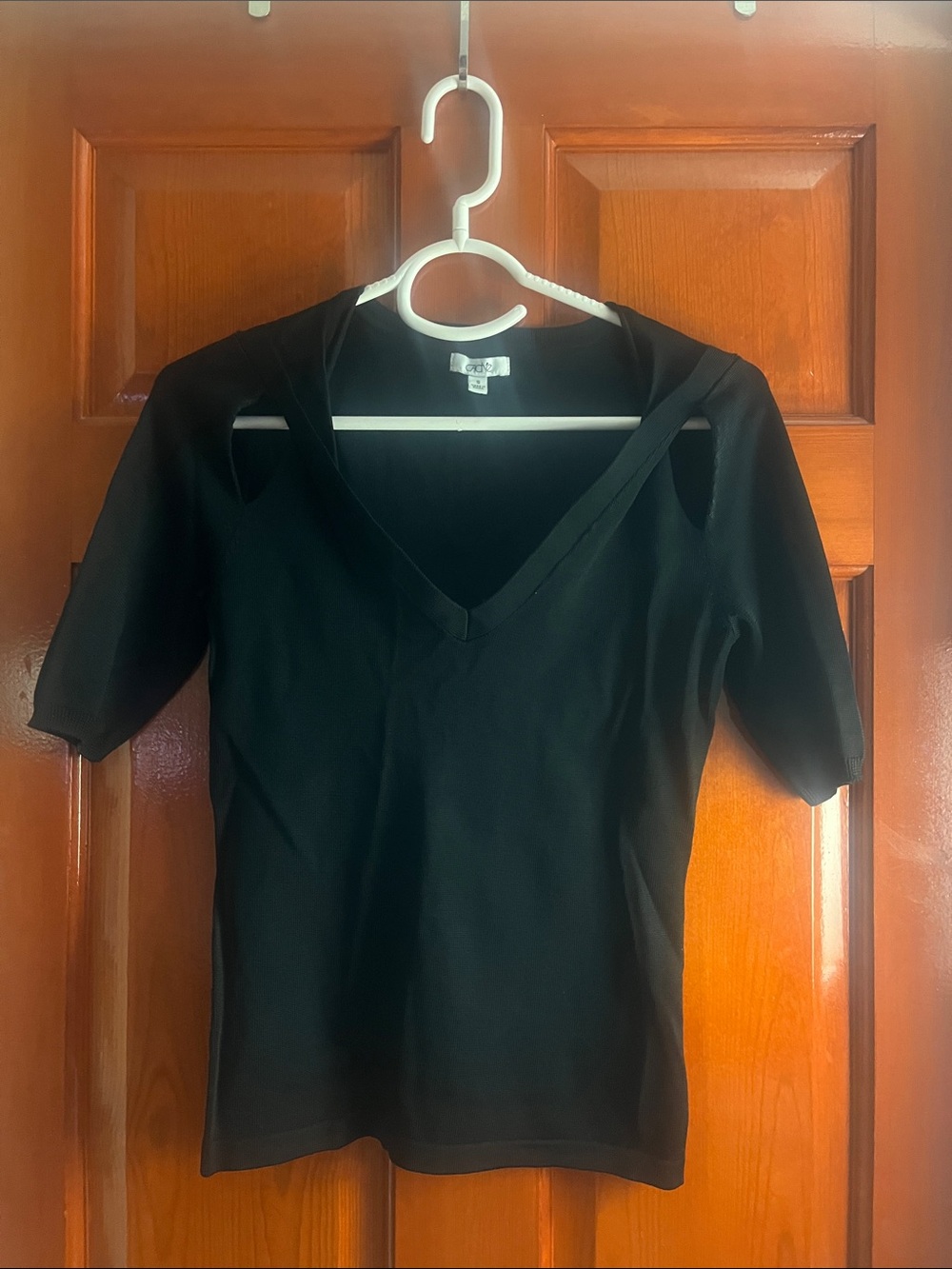 Cache Black Knit V-Neck Top with 3/4 Sleeves and Cutouts - Size S